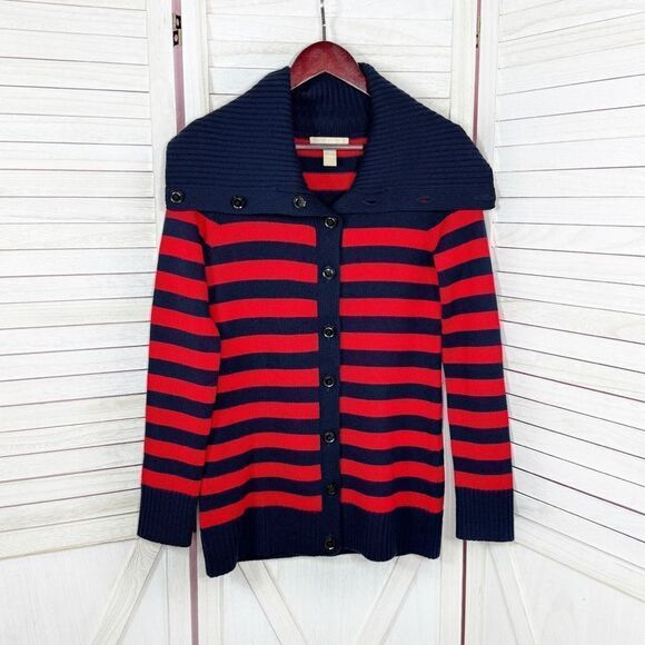 Banana Republic Striped Shawl Collar Button Up Cardigan Sweater Red Blue Small - Picture 8 of 12